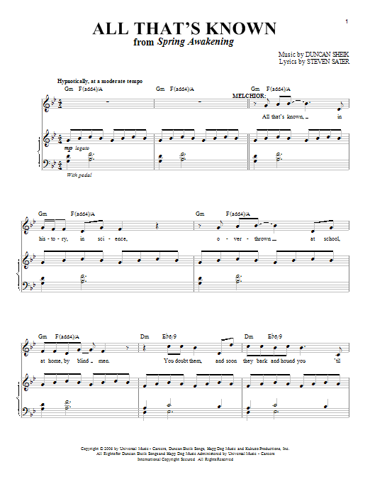 Duncan Sheik All That's Known sheet music notes and chords arranged for Piano, Vocal & Guitar Chords (Right-Hand Melody)