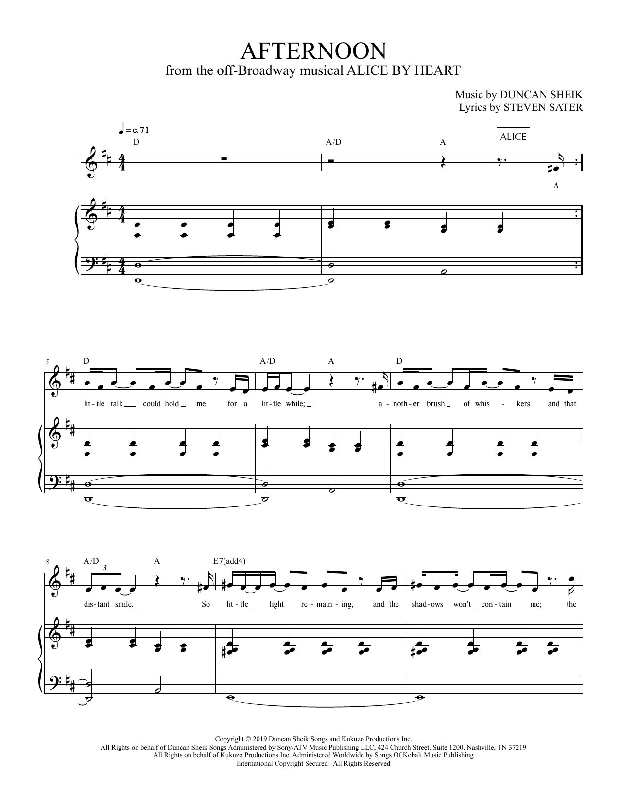 Duncan Sheik and Steven Sater Afternoon (from Alice By Heart) sheet music notes and chords arranged for Piano & Vocal