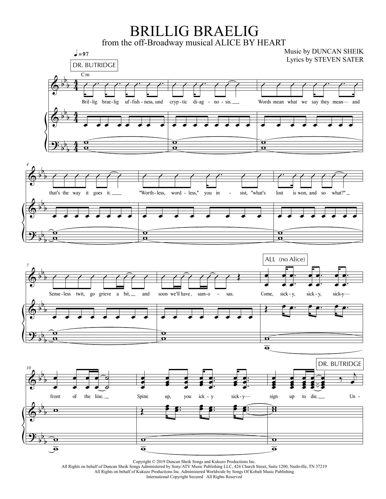 Duncan Sheik and Steven Sater Brillig Braelig (from Alice By Heart) sheet music notes and chords arranged for Piano & Vocal