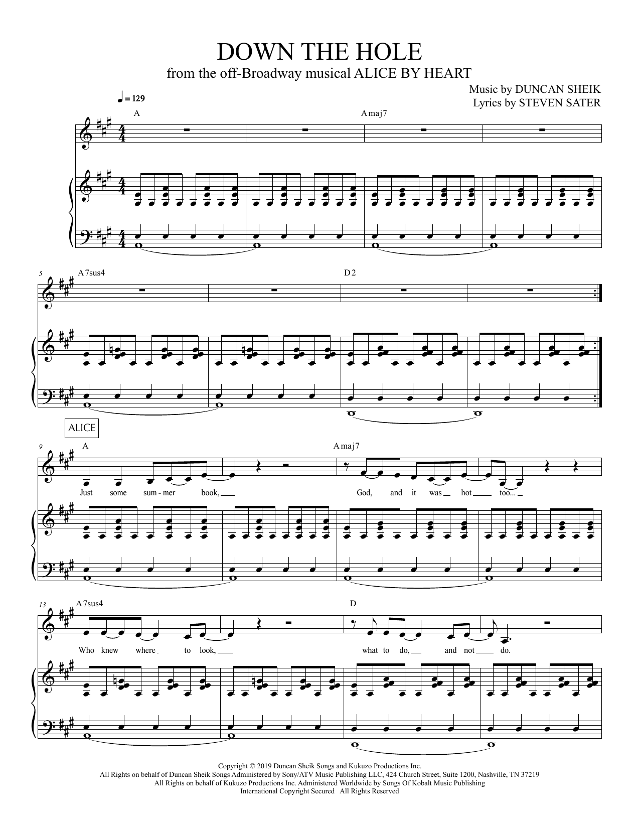 Duncan Sheik and Steven Sater Down The Hole (from Alice By Heart) sheet music notes and chords arranged for Piano & Vocal