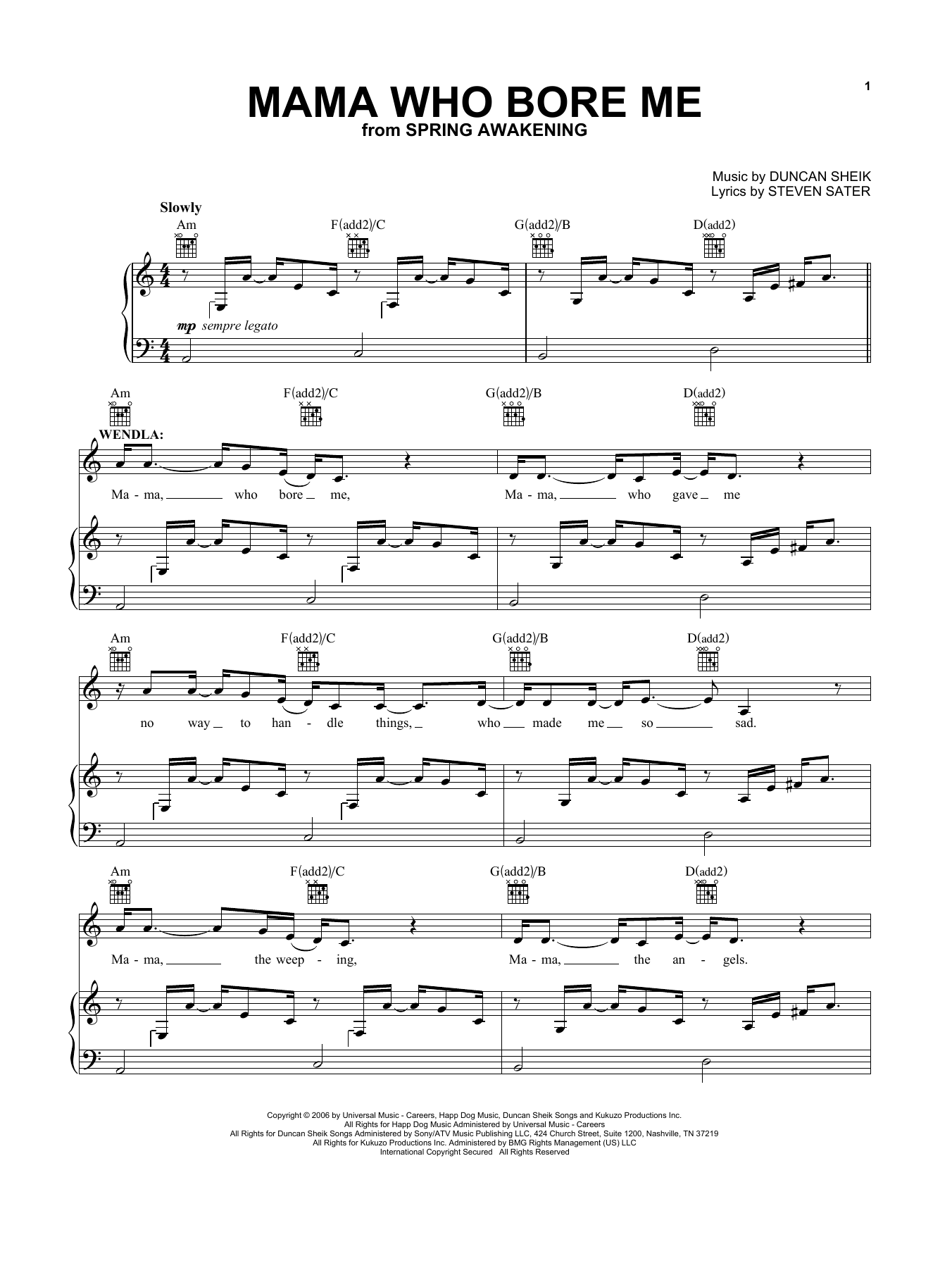 Duncan Sheik and Steven Sater Mama Who Bore Me (from Spring Awakening) sheet music notes and chords arranged for Vocal Pro + Piano/Guitar