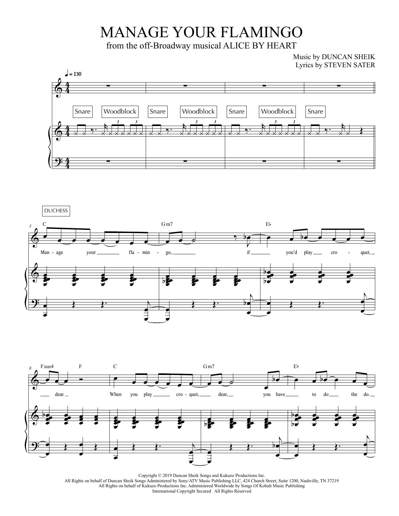 Duncan Sheik and Steven Sater Manage Your Flamingo (from Alice By Heart) sheet music notes and chords arranged for Piano & Vocal