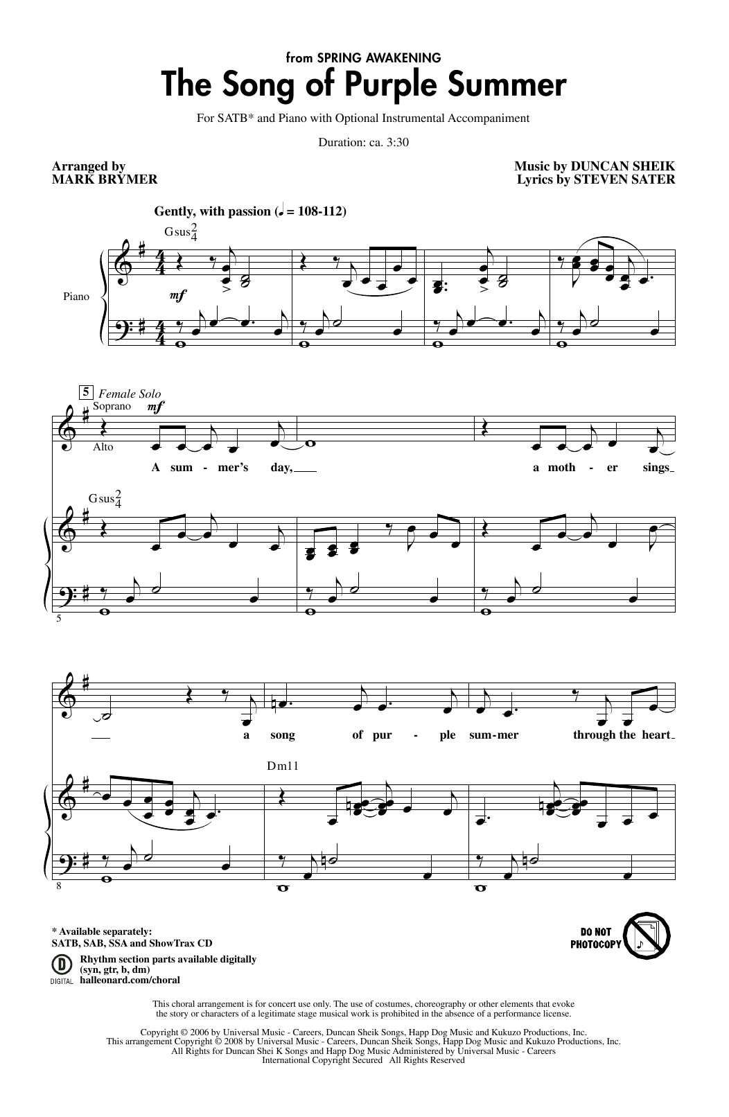 Duncan Sheik and Steven Sater The Song Of Purple Summer (from Spring Awakening) (arr. Mark Brymer) sheet music notes and chords arranged for SATB Choir