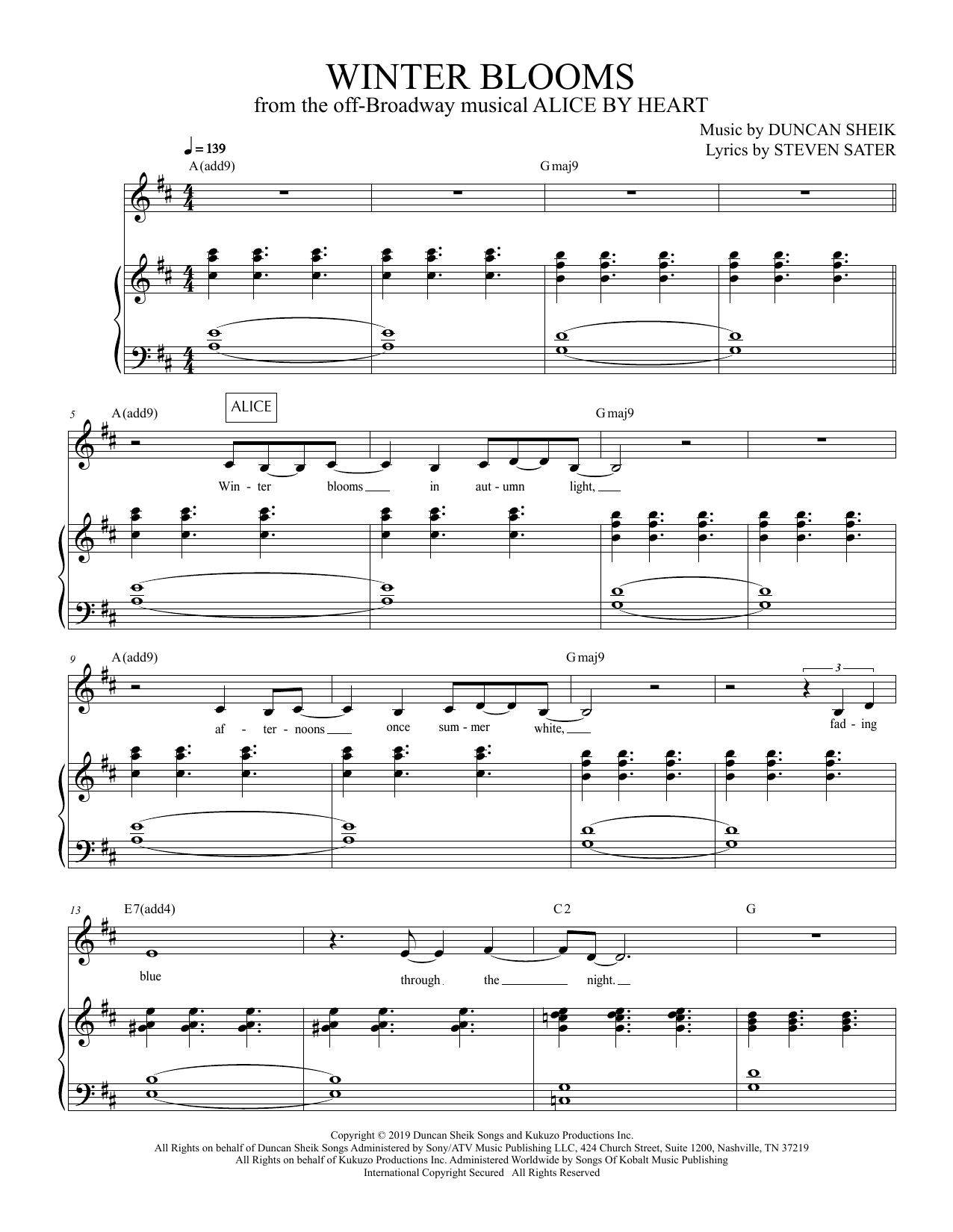 Duncan Sheik and Steven Sater Winter Blooms (from Alice By Heart) sheet music notes and chords arranged for Piano & Vocal