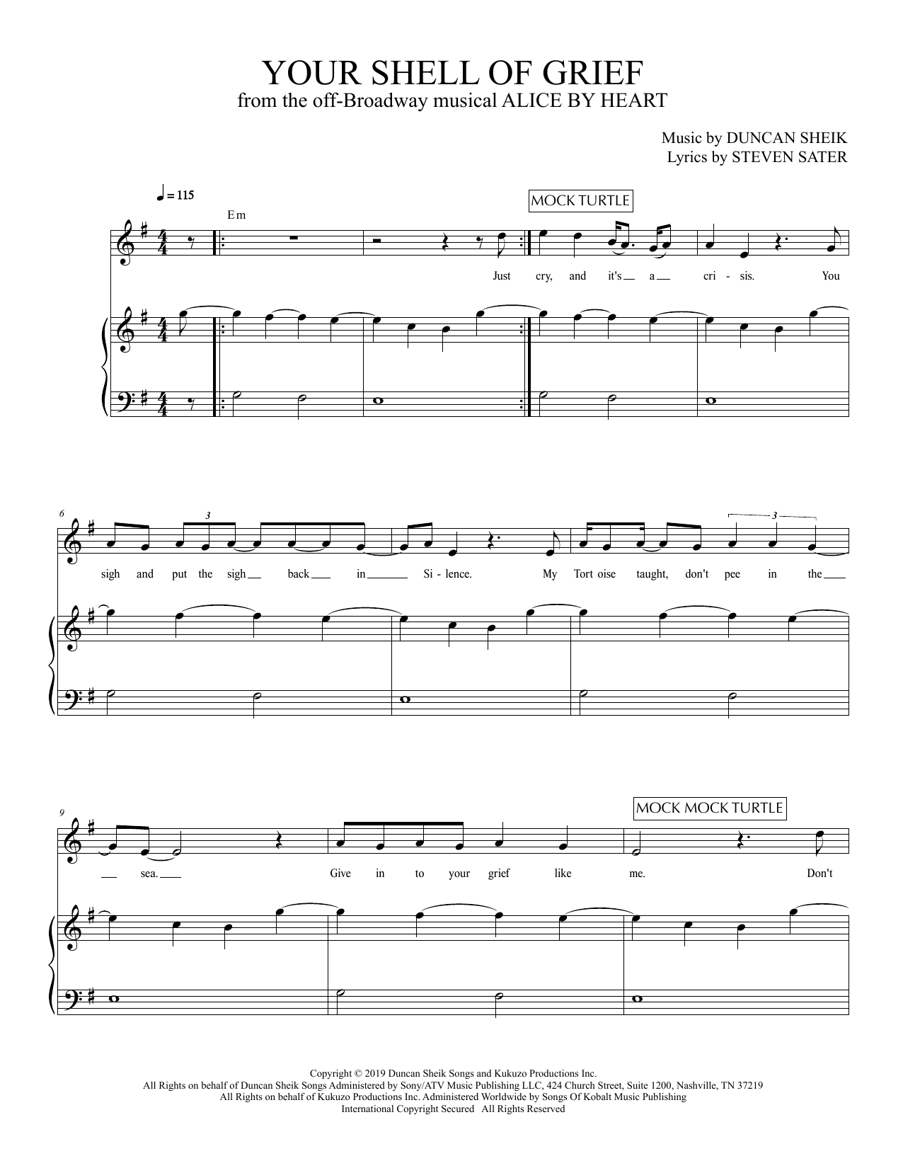 Duncan Sheik and Steven Sater Your Shell Of Grief (from Alice By Heart) sheet music notes and chords arranged for Piano & Vocal