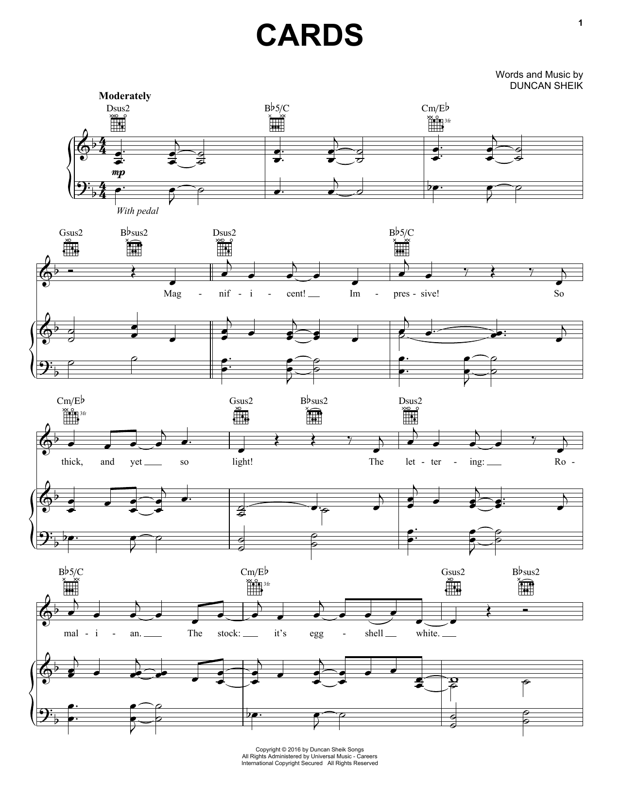 Duncan Sheik Cards sheet music notes and chords arranged for Piano, Vocal & Guitar Chords (Right-Hand Melody)
