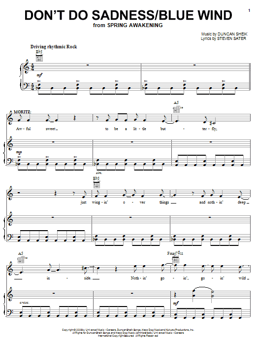 Duncan Sheik Don't Do Sadness/Blue Wind sheet music notes and chords arranged for Piano, Vocal & Guitar Chords (Right-Hand Melody)