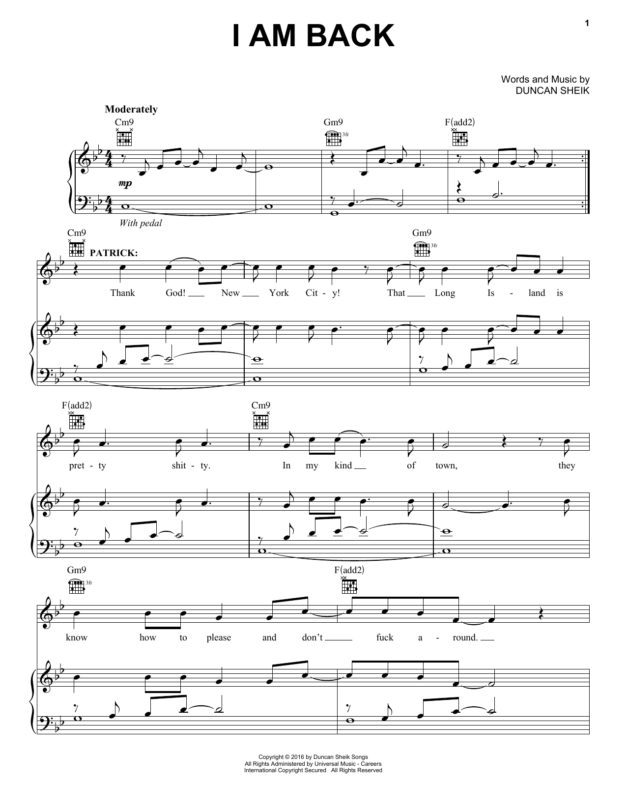 Duncan Sheik I Am Back sheet music notes and chords arranged for Piano, Vocal & Guitar Chords (Right-Hand Melody)