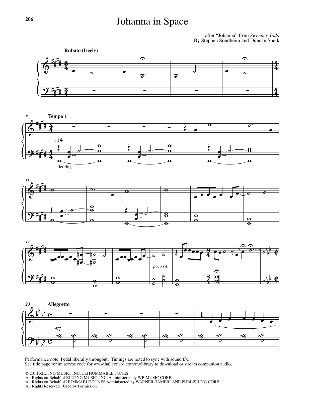 Duncan Sheik Johanna In Space sheet music notes and chords arranged for Piano Solo