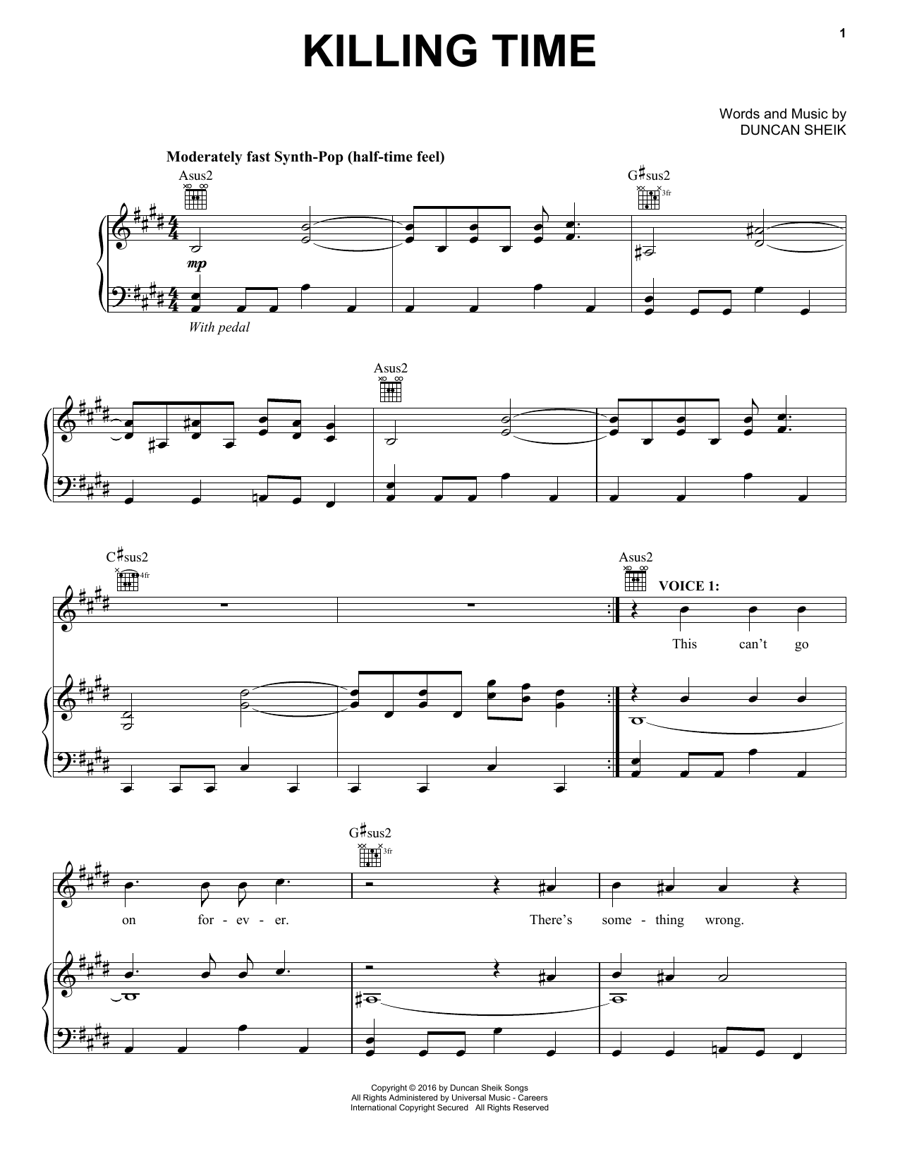 Duncan Sheik Killing Time sheet music notes and chords arranged for Piano, Vocal & Guitar Chords (Right-Hand Melody)