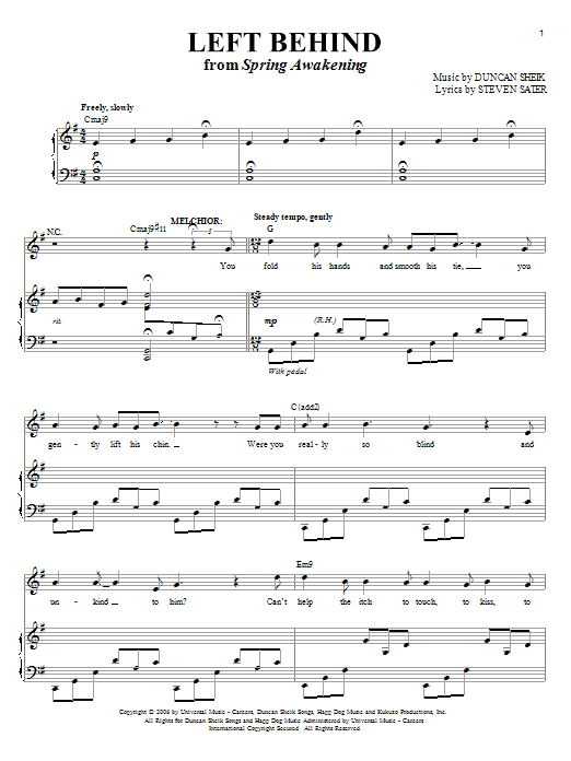 Duncan Sheik Left Behind sheet music notes and chords arranged for Piano, Vocal & Guitar Chords (Right-Hand Melody)