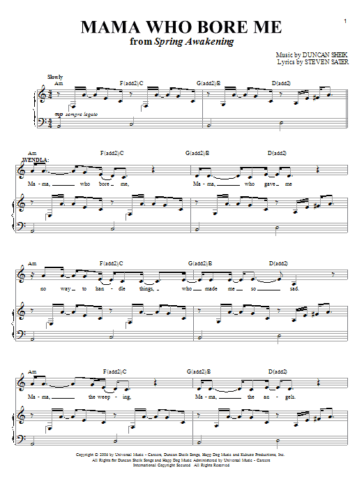 Duncan Sheik Mama Who Bore Me sheet music notes and chords arranged for Piano, Vocal & Guitar Chords (Right-Hand Melody)