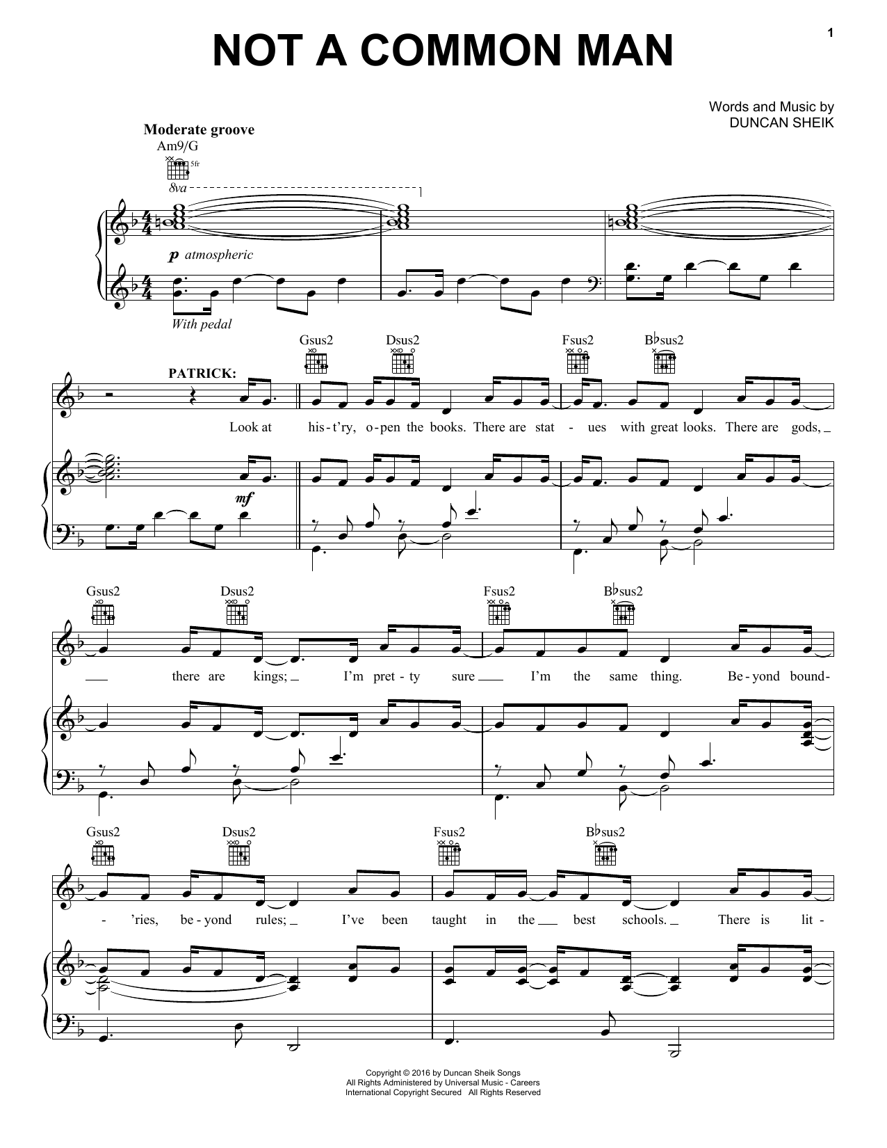 Duncan Sheik Not A Common Man sheet music notes and chords arranged for Piano, Vocal & Guitar Chords (Right-Hand Melody)