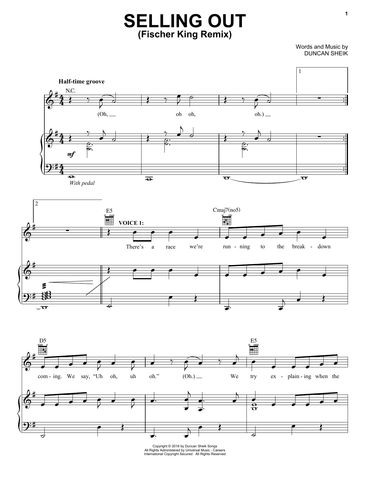 Duncan Sheik Selling Out (Fischer King Remix) sheet music notes and chords arranged for Piano, Vocal & Guitar Chords (Right-Hand Melody)