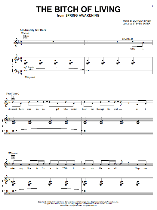 Duncan Sheik The Bitch Of Living sheet music notes and chords arranged for Piano, Vocal & Guitar Chords (Right-Hand Melody)