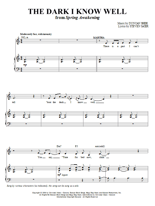 Duncan Sheik The Dark I Know Well sheet music notes and chords arranged for Piano, Vocal & Guitar Chords (Right-Hand Melody)