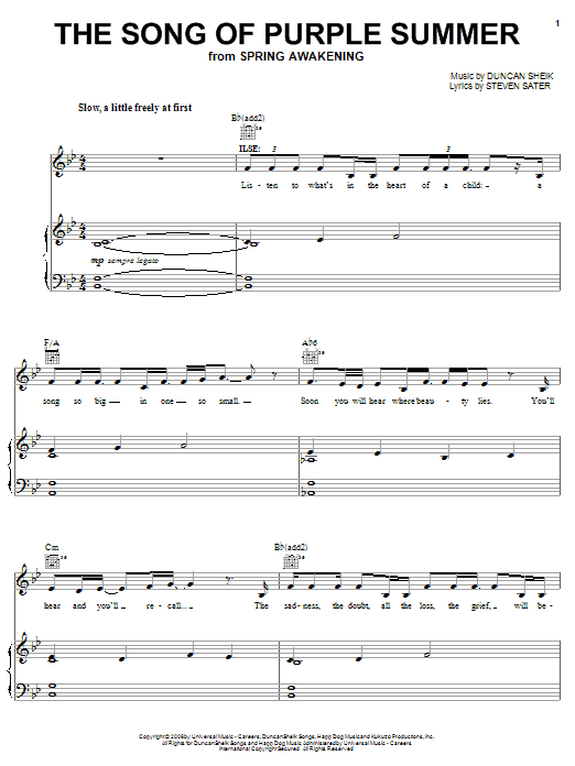 Duncan Sheik The Song Of Purple Summer sheet music notes and chords arranged for Piano, Vocal & Guitar Chords (Right-Hand Melody)