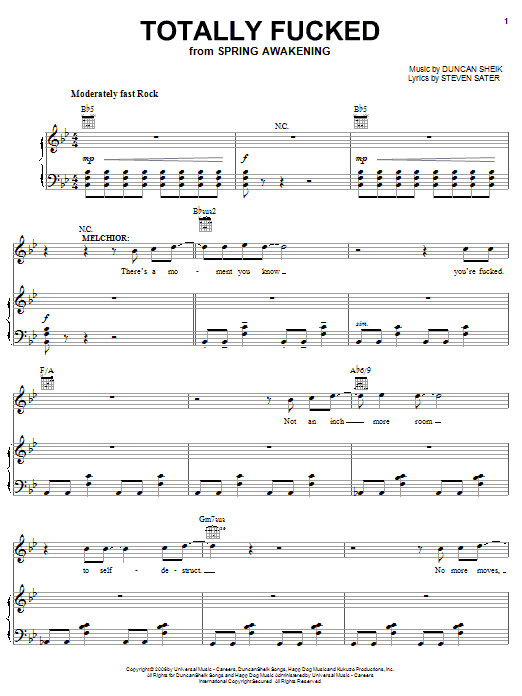 Duncan Sheik Totally Fucked sheet music notes and chords arranged for Piano, Vocal & Guitar Chords (Right-Hand Melody)
