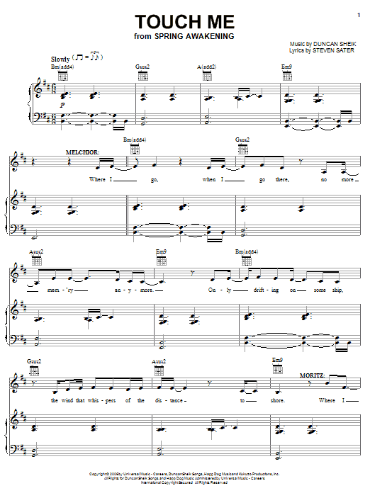 Duncan Sheik Touch Me sheet music notes and chords arranged for Piano, Vocal & Guitar Chords (Right-Hand Melody)