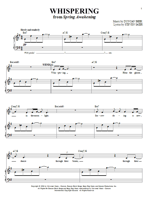 Duncan Sheik Whispering sheet music notes and chords arranged for Piano, Vocal & Guitar Chords (Right-Hand Melody)