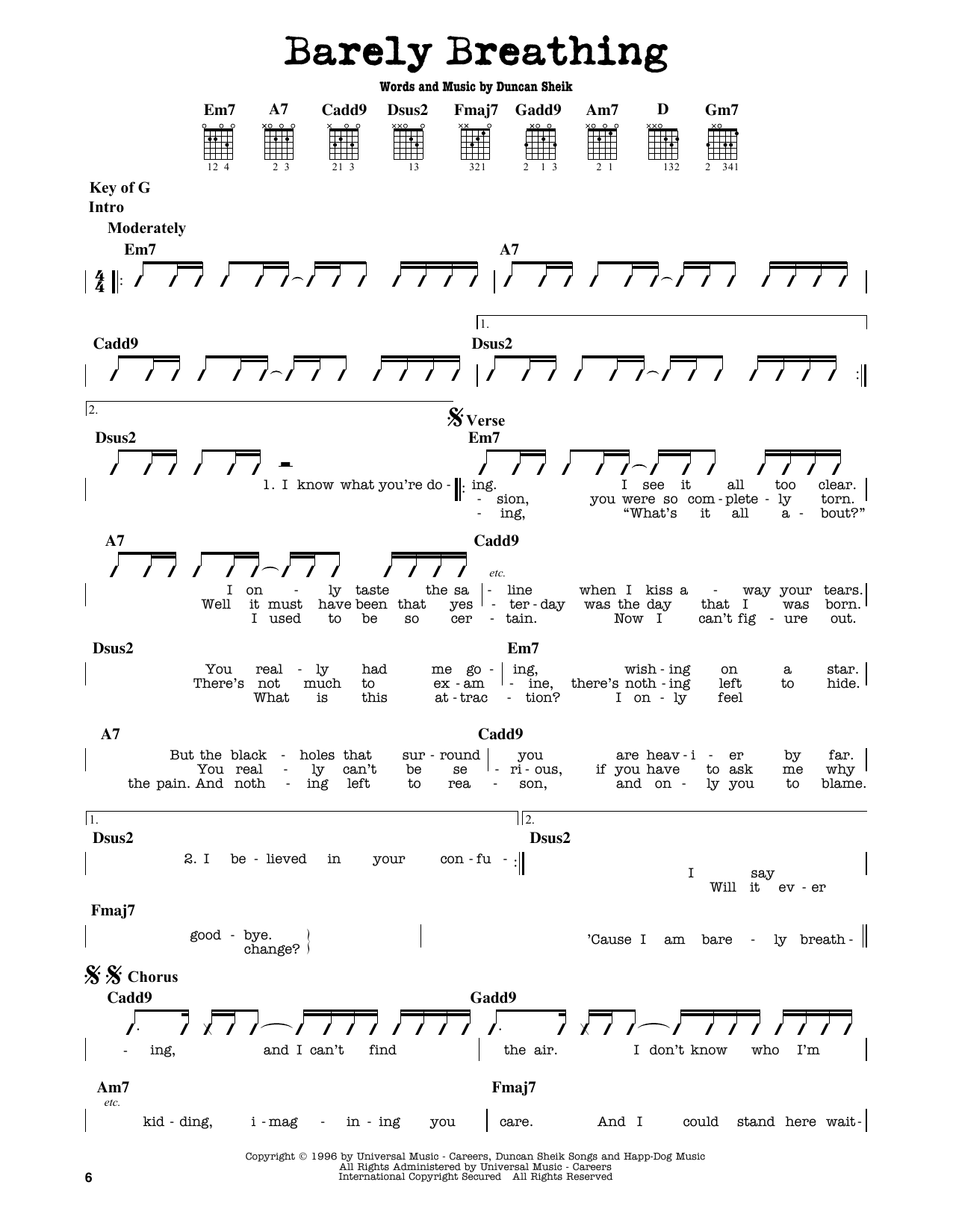 Duncan Sheik Barely Breathing sheet music notes and chords arranged for Guitar Lead Sheet
