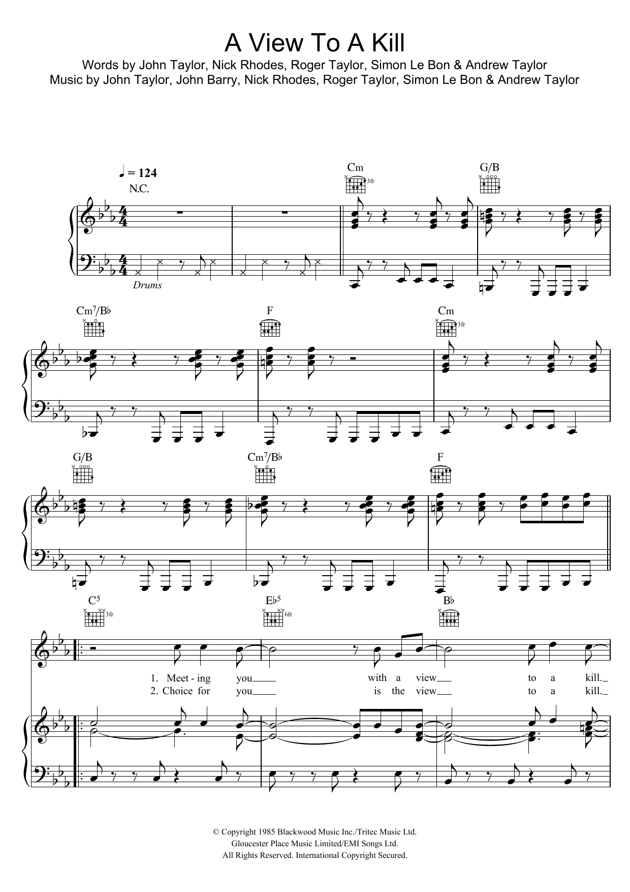 Duran Duran A View To A Kill sheet music notes and chords arranged for Piano, Vocal & Guitar Chords
