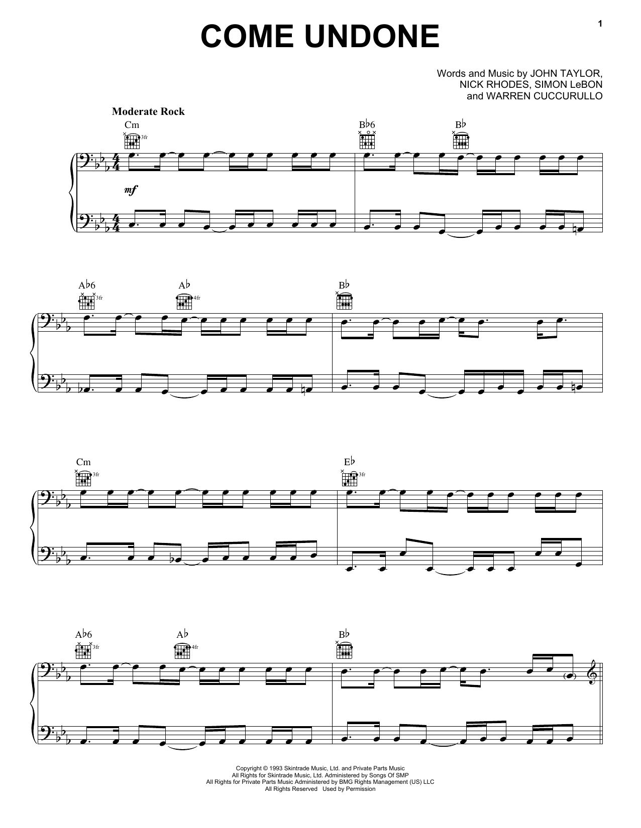 Duran Duran Come Undone sheet music notes and chords arranged for Piano, Vocal & Guitar Chords (Right-Hand Melody)