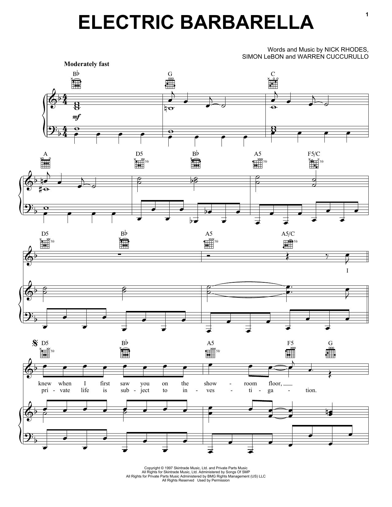 Duran Duran Electric Barbarella sheet music notes and chords arranged for Piano, Vocal & Guitar Chords (Right-Hand Melody)