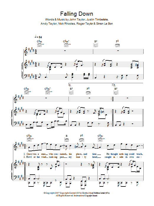 Duran Duran Falling Down sheet music notes and chords arranged for Piano, Vocal & Guitar Chords