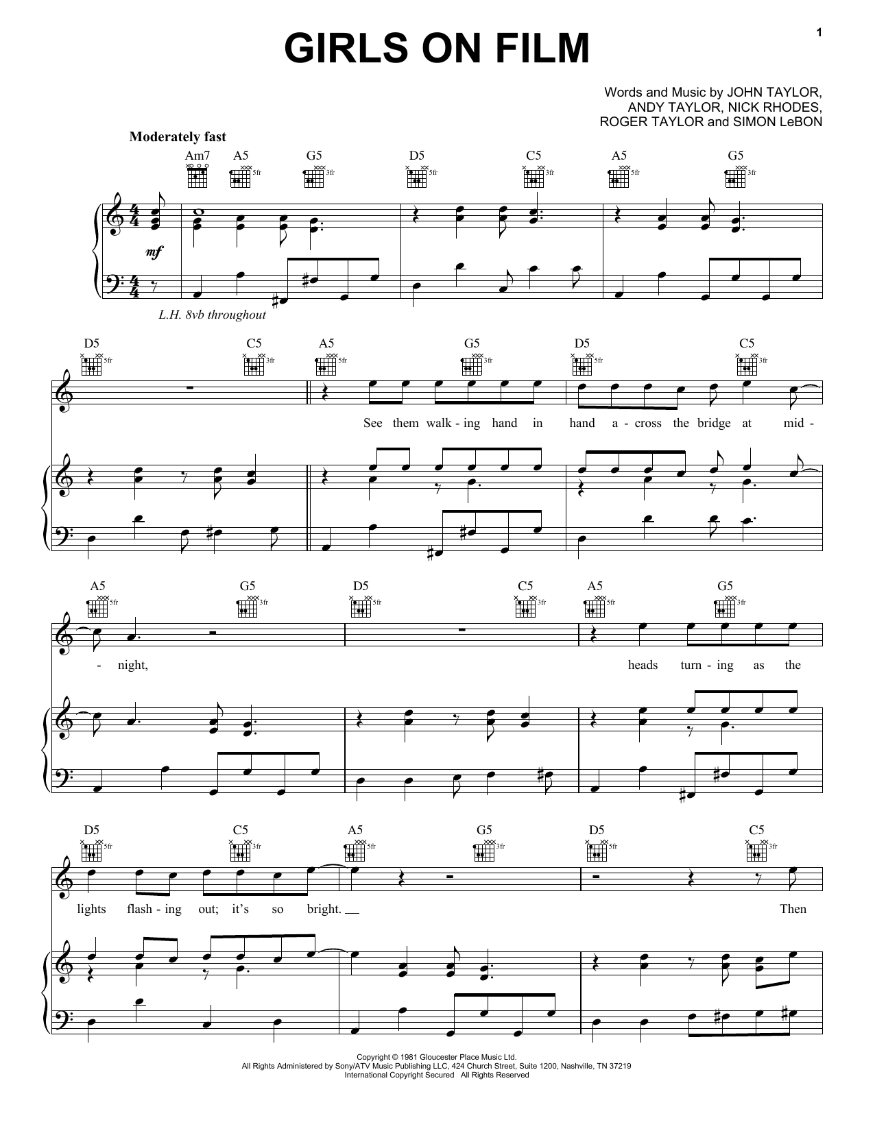Duran Duran Girls On Film sheet music notes and chords arranged for Piano, Vocal & Guitar Chords (Right-Hand Melody)