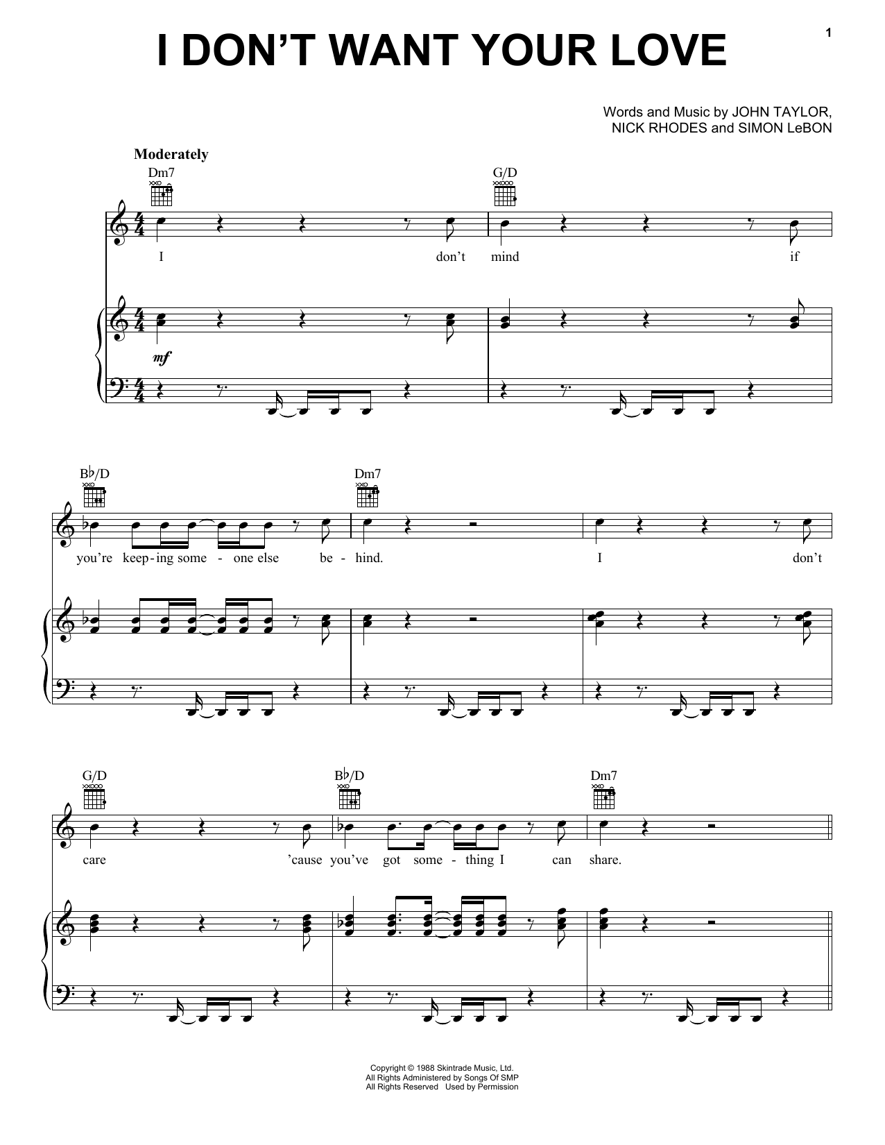 Duran Duran I Don't Want Your Love sheet music notes and chords arranged for Piano, Vocal & Guitar Chords (Right-Hand Melody)