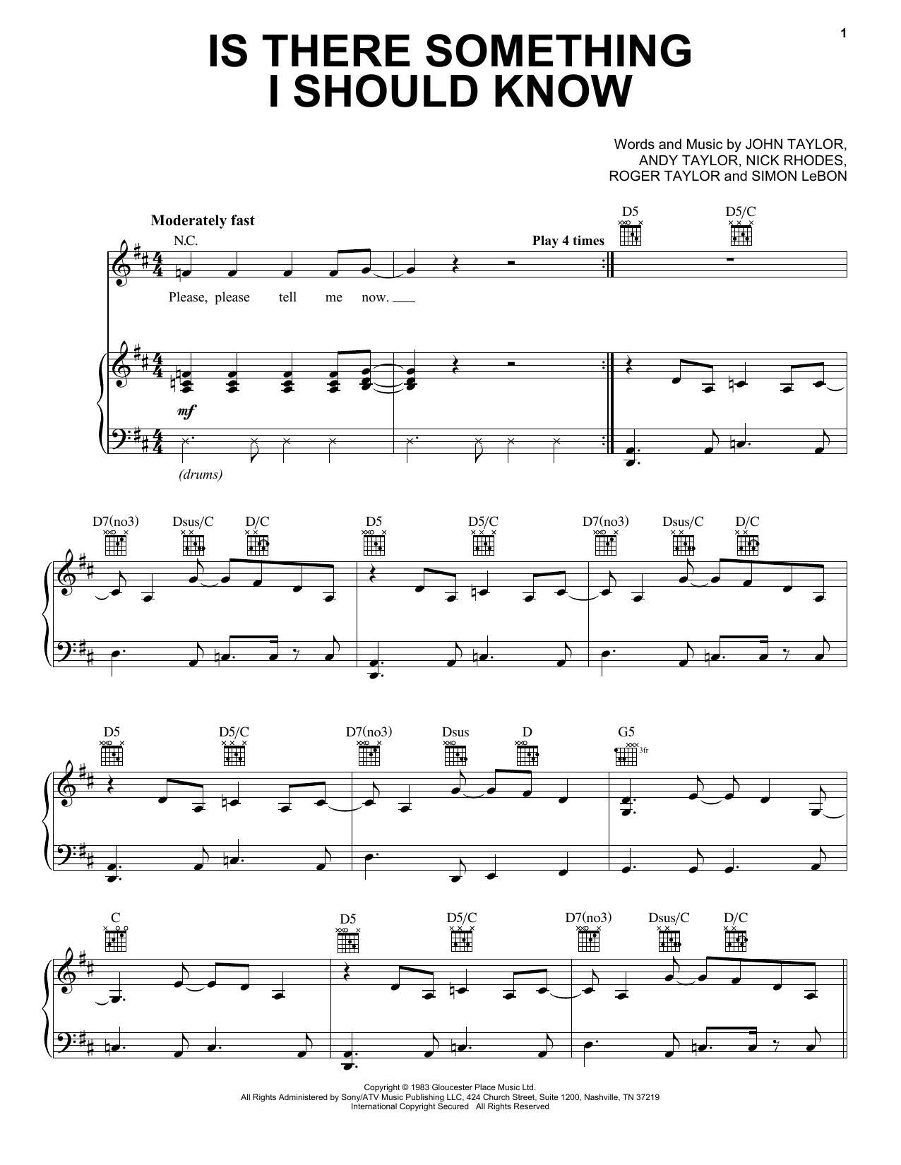 Duran Duran Is There Something I Should Know sheet music notes and chords arranged for Piano, Vocal & Guitar Chords (Right-Hand Melody)