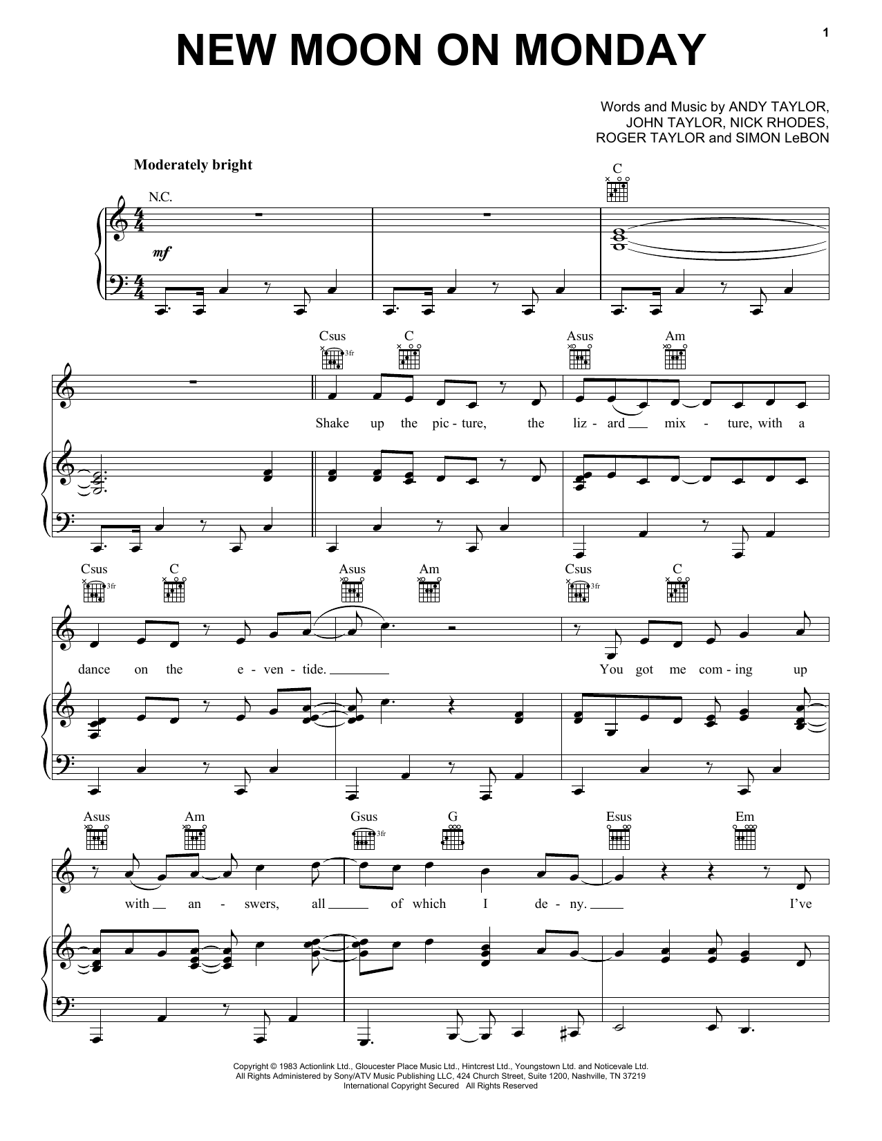 Duran Duran New Moon On Monday sheet music notes and chords arranged for Piano, Vocal & Guitar Chords (Right-Hand Melody)