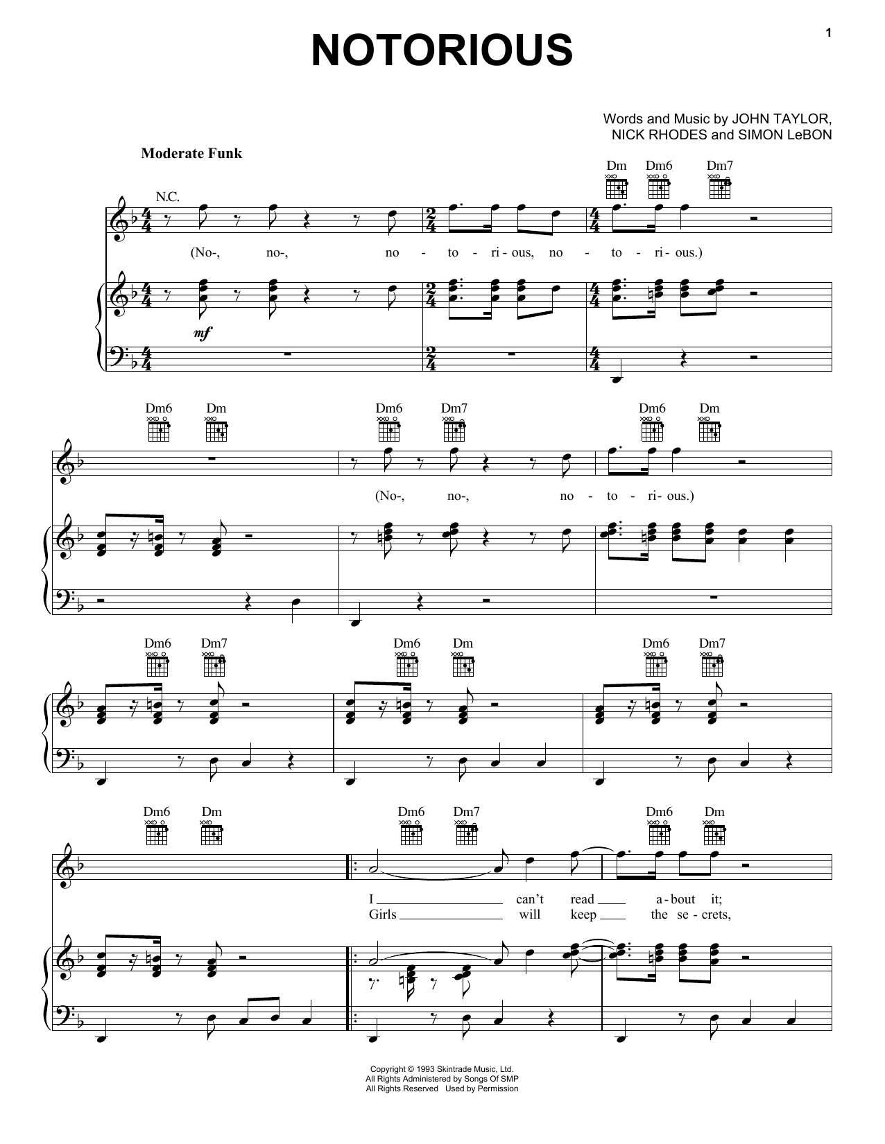 Duran Duran Notorious sheet music notes and chords arranged for Piano, Vocal & Guitar Chords (Right-Hand Melody)