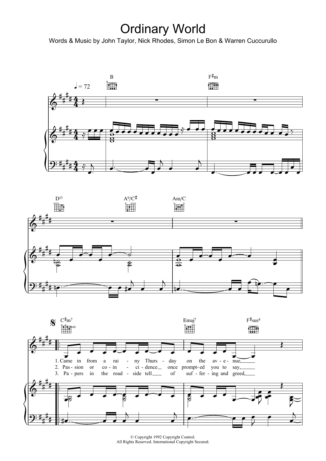 Duran Duran Ordinary World sheet music notes and chords arranged for Piano, Vocal & Guitar Chords (Right-Hand Melody)