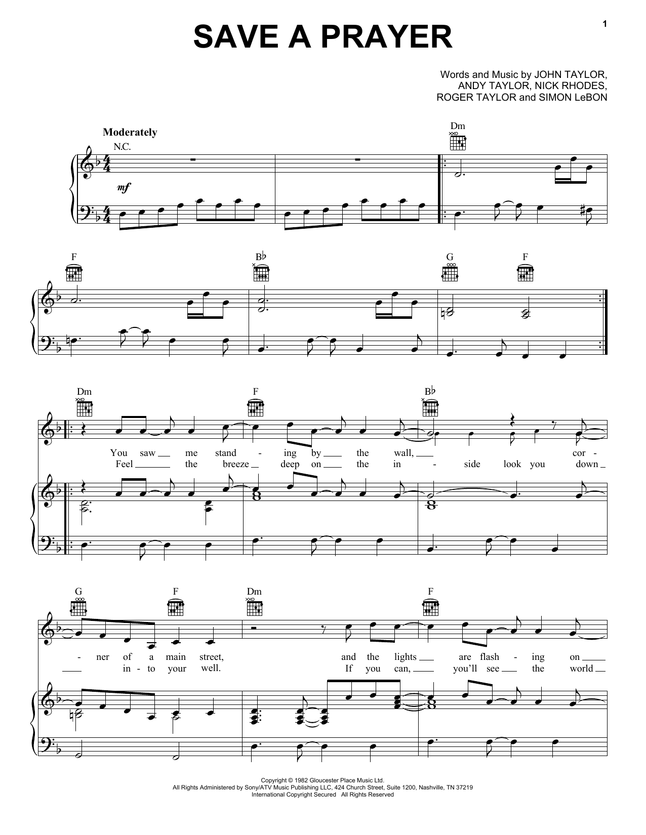 Duran Duran Save A Prayer sheet music notes and chords arranged for Piano, Vocal & Guitar Chords (Right-Hand Melody)