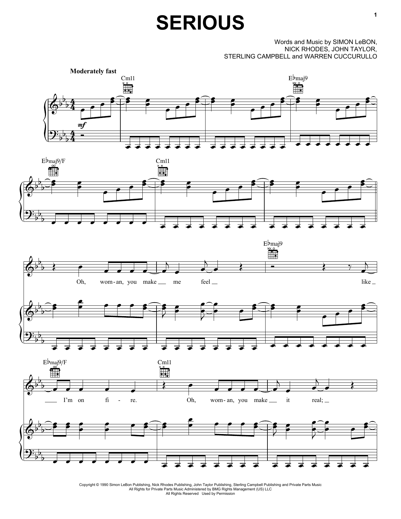 Duran Duran Serious sheet music notes and chords arranged for Piano, Vocal & Guitar Chords (Right-Hand Melody)