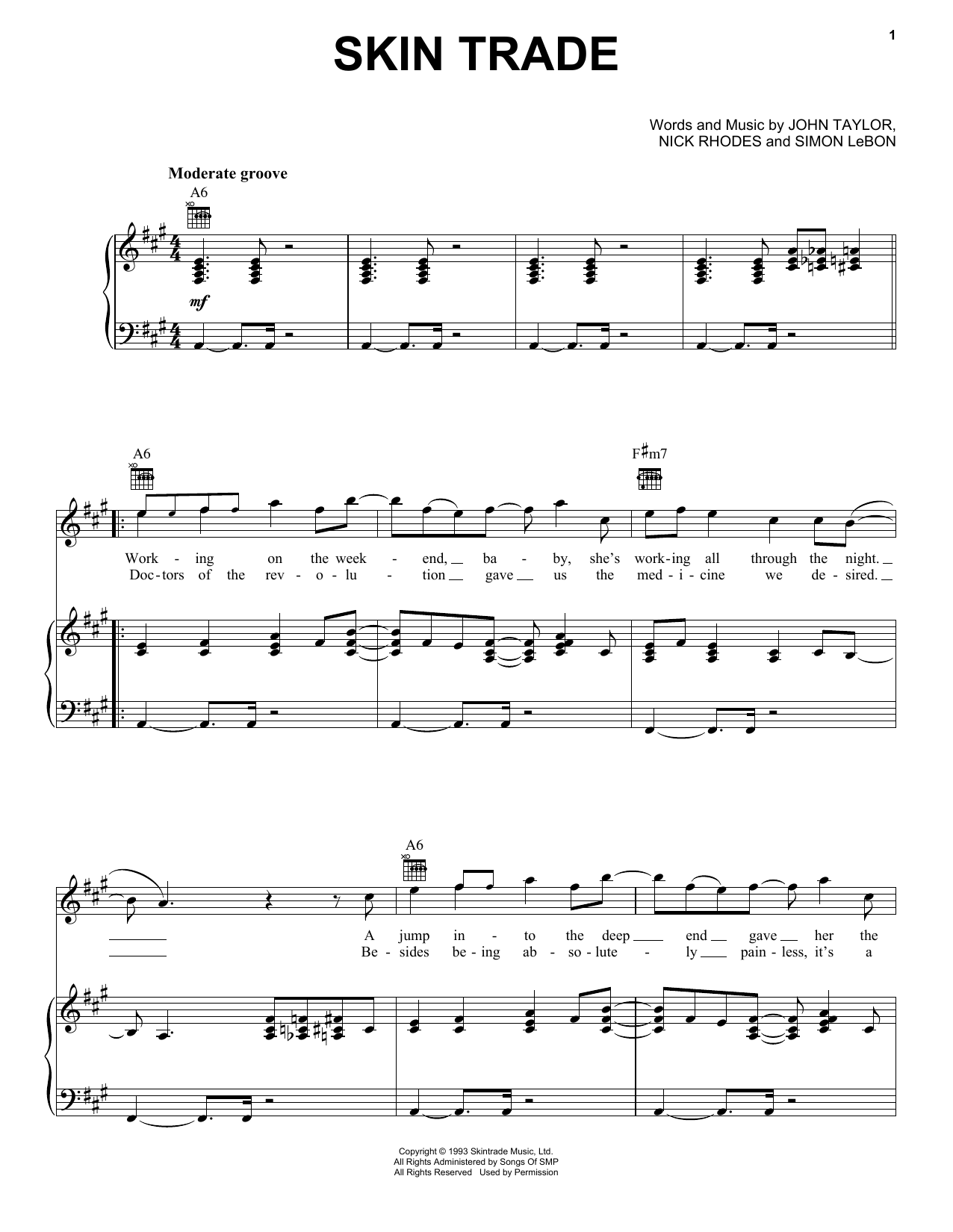 Duran Duran Skin Trade sheet music notes and chords arranged for Piano, Vocal & Guitar Chords (Right-Hand Melody)