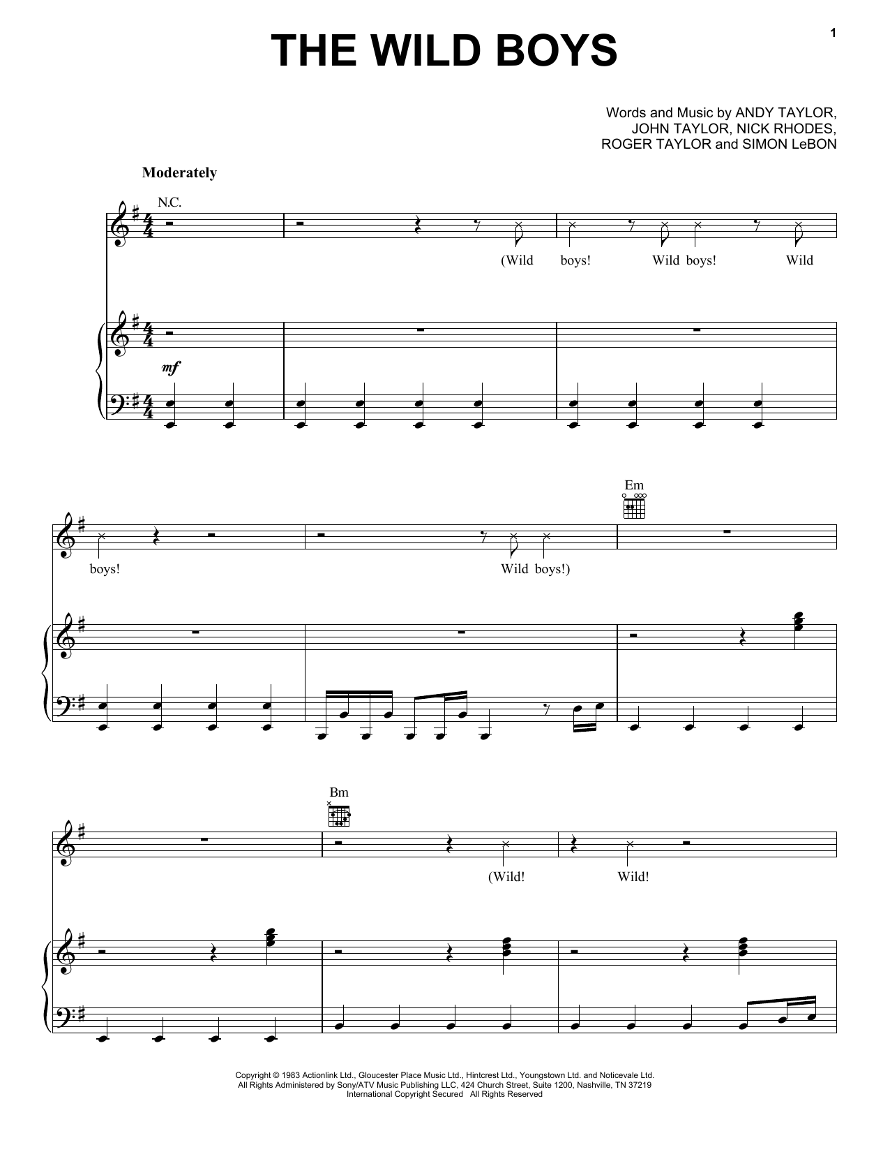 Duran Duran The Wild Boys sheet music notes and chords arranged for Piano, Vocal & Guitar Chords (Right-Hand Melody)