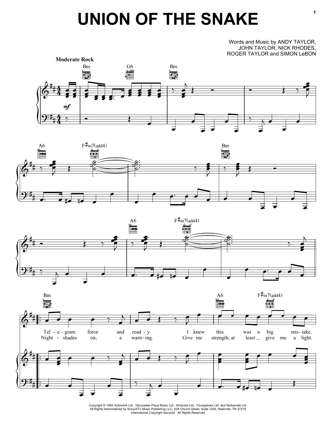 Duran Duran Union Of The Snake sheet music notes and chords arranged for Piano, Vocal & Guitar Chords (Right-Hand Melody)