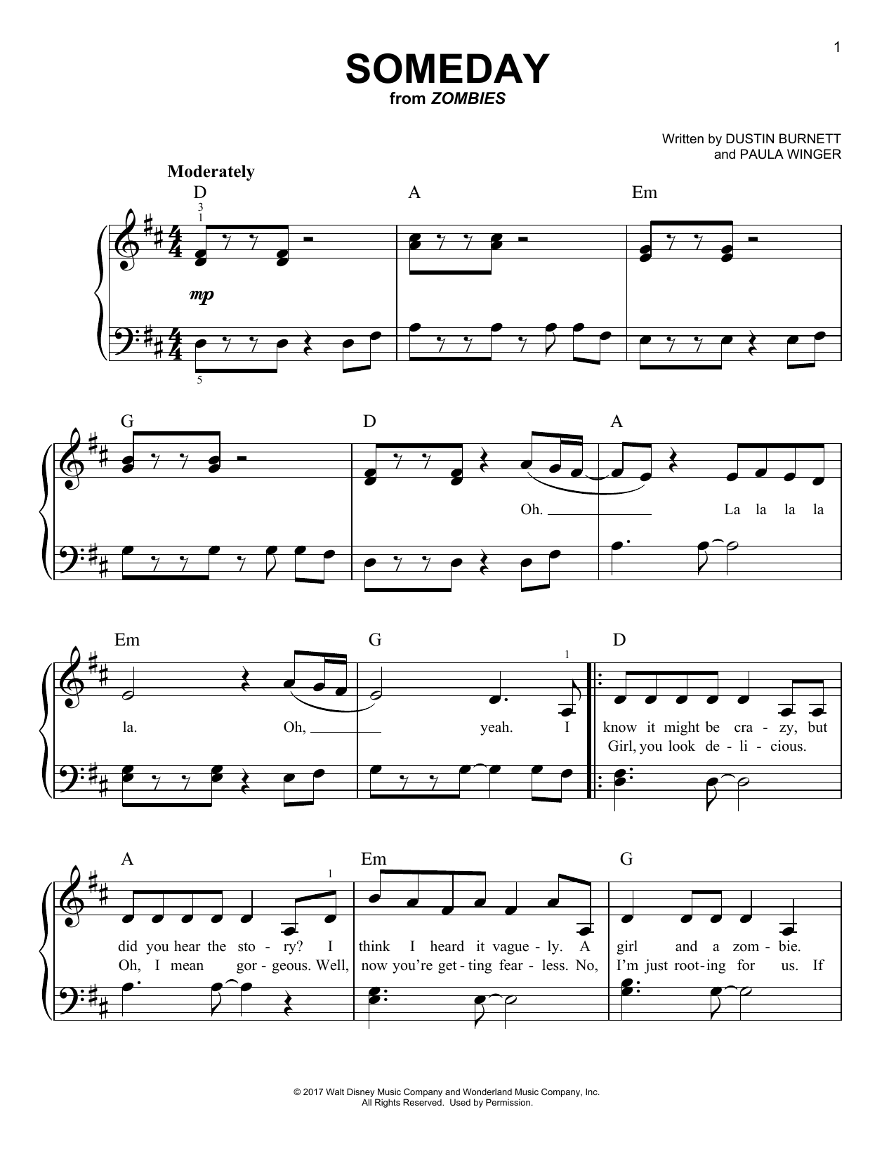 Dustin Burnett Someday (from Disney's Zombies) sheet music notes and chords arranged for Easy Piano