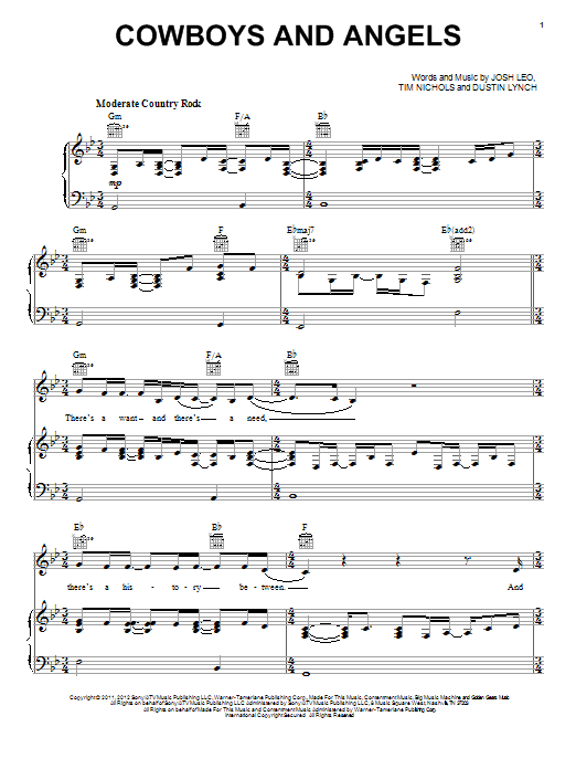Dustin Lynch Cowboys And Angels sheet music notes and chords arranged for Piano, Vocal & Guitar Chords (Right-Hand Melody)