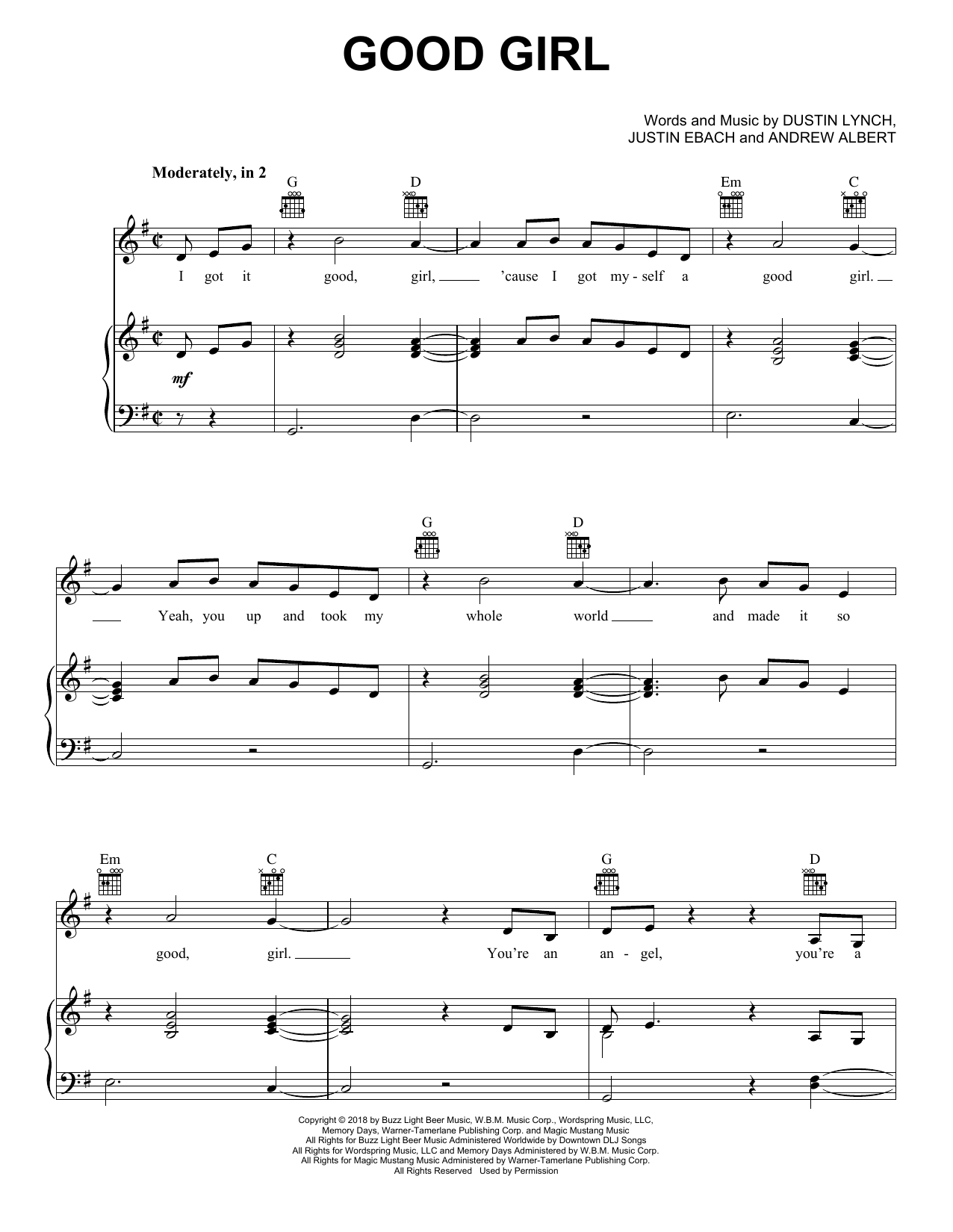 Dustin Lynch Good Girl sheet music notes and chords arranged for Piano, Vocal & Guitar Chords (Right-Hand Melody)