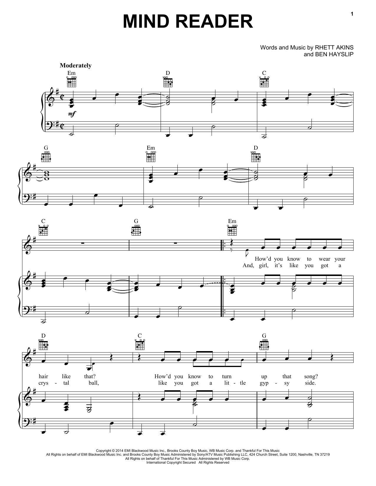 Dustin Lynch Mind Reader sheet music notes and chords arranged for Piano, Vocal & Guitar Chords (Right-Hand Melody)