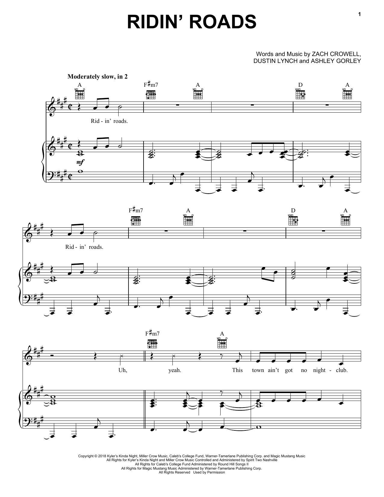 Dustin Lynch Ridin' Roads sheet music notes and chords arranged for Piano, Vocal & Guitar Chords (Right-Hand Melody)