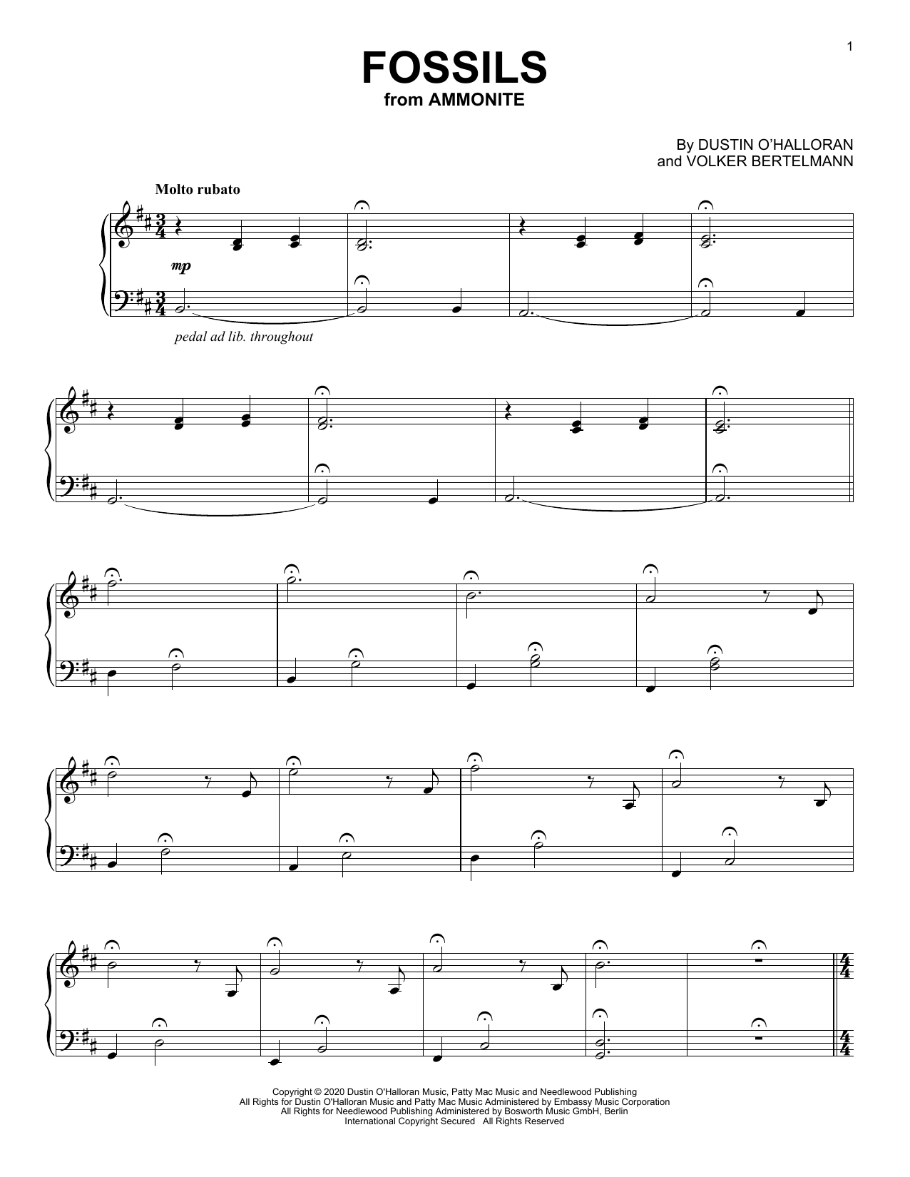 Dustin O'Halloran & Volker Bertelmann Fossils (from Ammonite) sheet music notes and chords arranged for Piano Solo