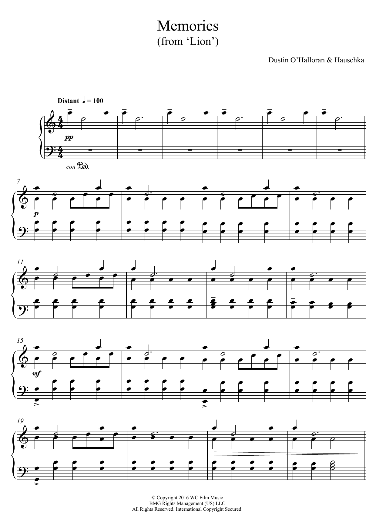 Dustin O'Halloran Memories (from 'Lion') sheet music notes and chords arranged for Piano Solo