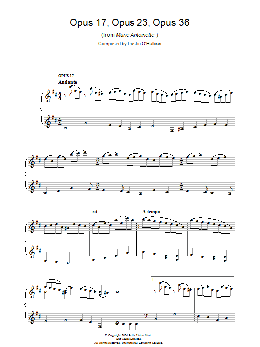 Dustin O'Halloran Opus 17, Opus 23, Opus 36 (from Marie Antoinette) sheet music notes and chords arranged for Piano Solo