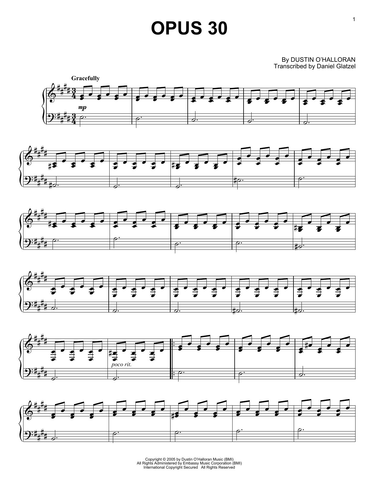 Dustin O'Halloran Opus 30 sheet music notes and chords arranged for Piano Solo