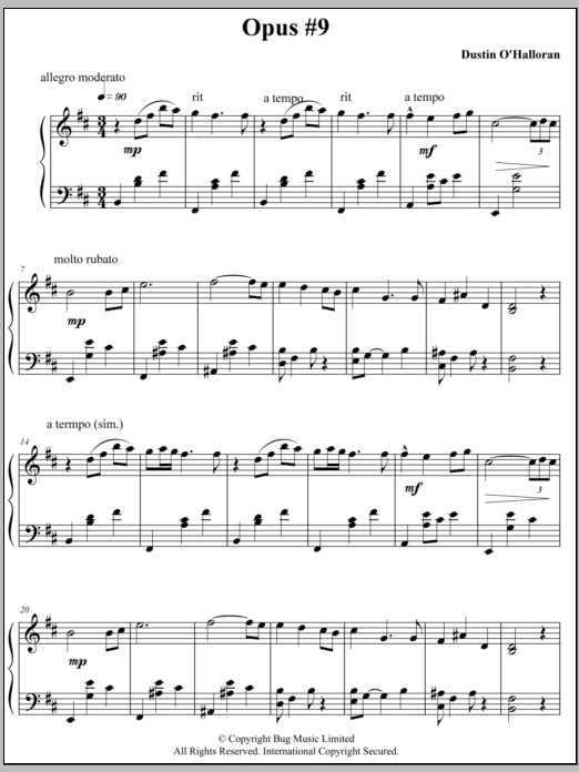 Dustin O'Halloran Opus 9 sheet music notes and chords arranged for Piano Solo